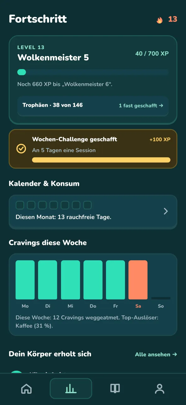 Fortschritt mit Level, Wochen-Challenge, Kalender und Cravings pro Wochentag