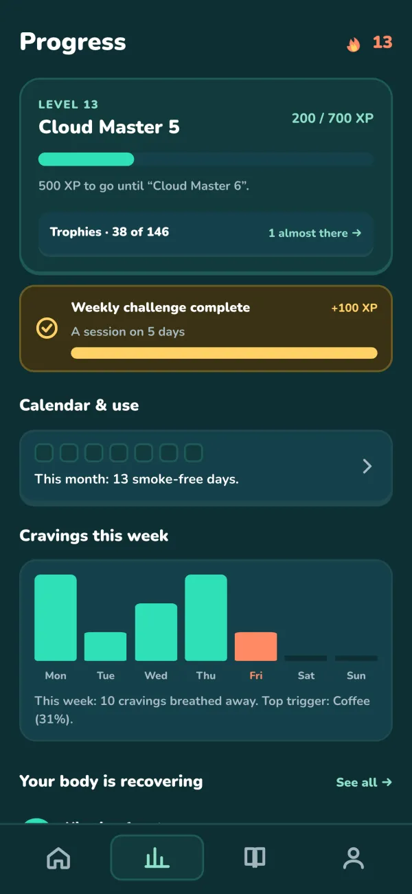 Progress with level, weekly challenge, calendar and cravings per weekday